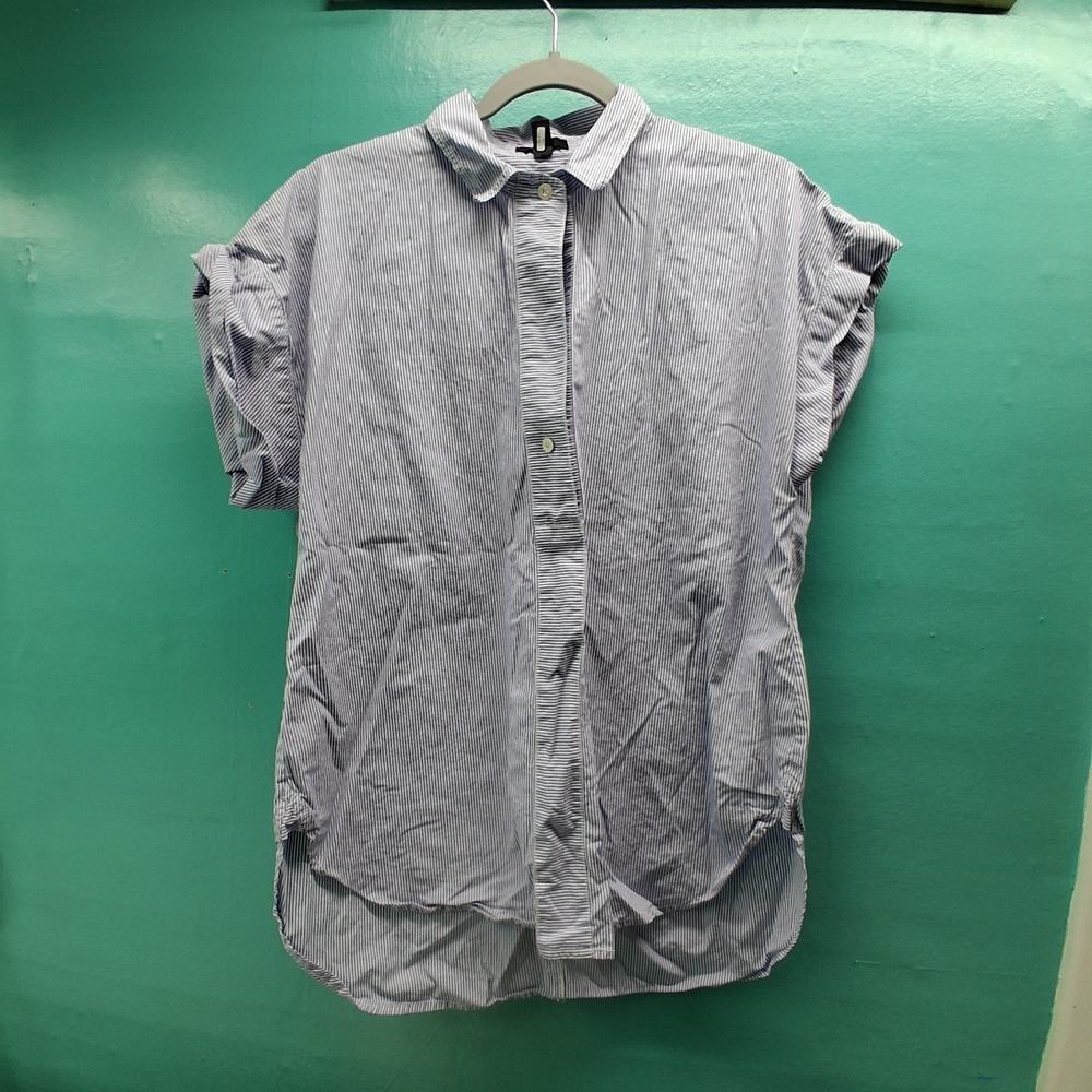 J.Crew Pinstripe Short Sleeve Button Down Shirt 12 Blue White Coastal Preppy
